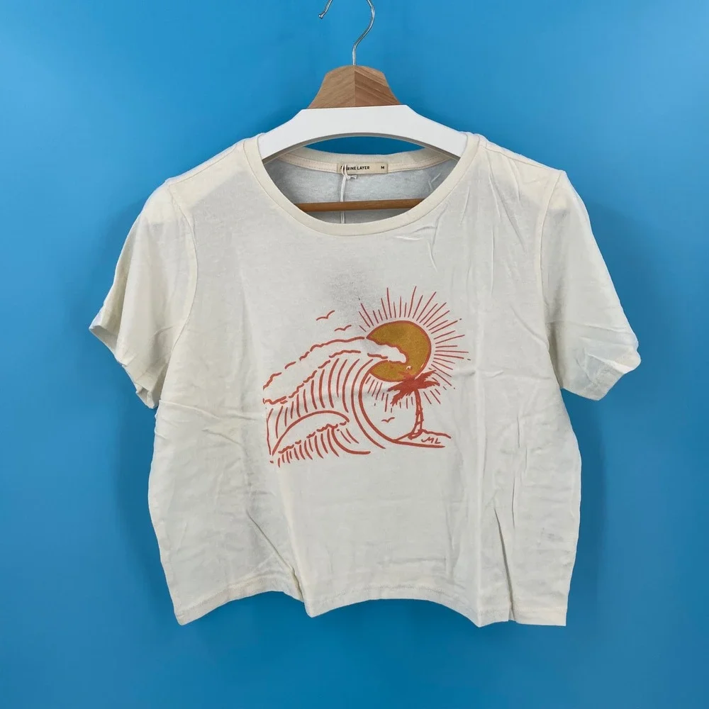 Marine Layer Easy Crop Graphic Tee Antique White Orange Sun Wave NWT Size M USA - Picture 2 of 9